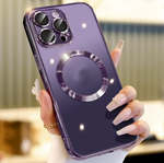 MagSafe phone case with magnetic lens cover ring, purple back with chrome camera frame