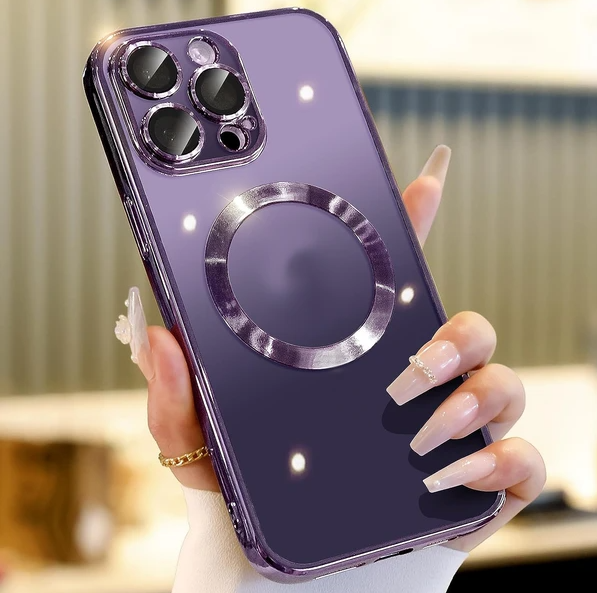 MagSafe phone case with magnetic lens cover ring, purple back with chrome camera frame