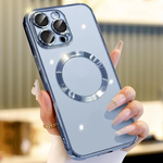 MagSafe phone case with magnetic lens cover ring, light blue back with chrome camera frame