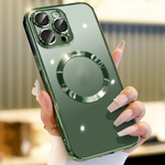 MagSafe phone case with magnetic lens cover ring, green back with chrome camera frame