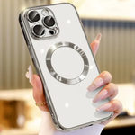 MagSafe phone case with magnetic lens cover ring, white back with chrome camera frame