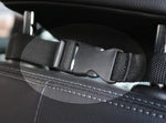 Black dog car seat cover attachment strap with stitched seam detail on padded edge