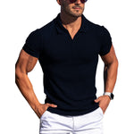 Men’s V-neck polo shirt, short sleeves, vertical stripe texture, navy blue