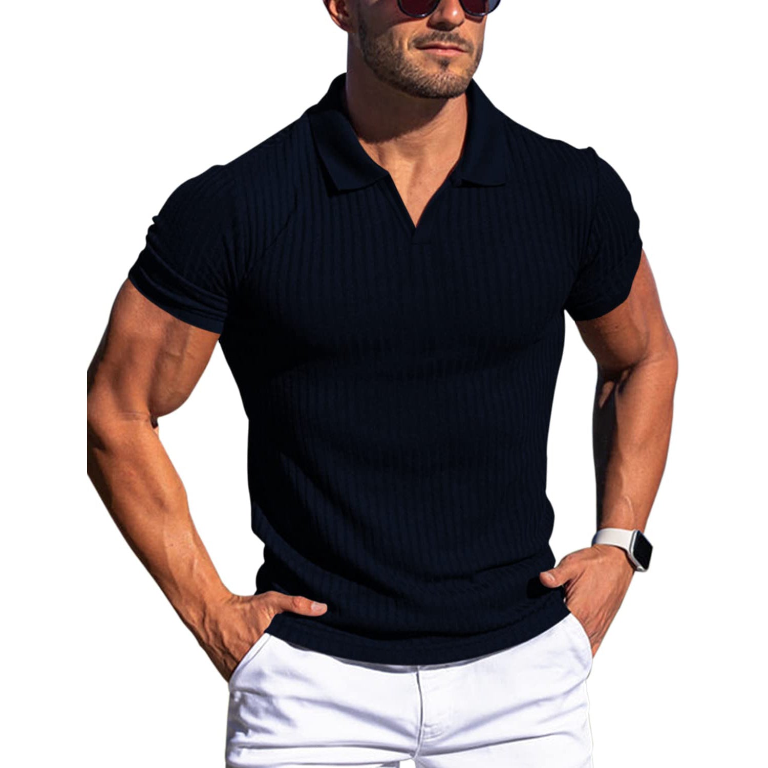 Men’s V-neck polo shirt, short sleeves, vertical stripe texture, navy blue