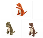 Plush dinosaur dog toys shown in orange, green, and brown color options