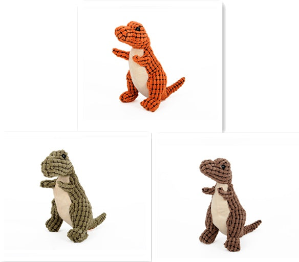 Plush dinosaur dog toys shown in orange, green, and brown color options