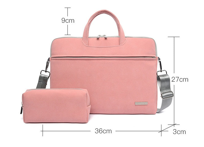 Pink PU laptop briefcase with zip pouch and shoulder strap, size diagram.