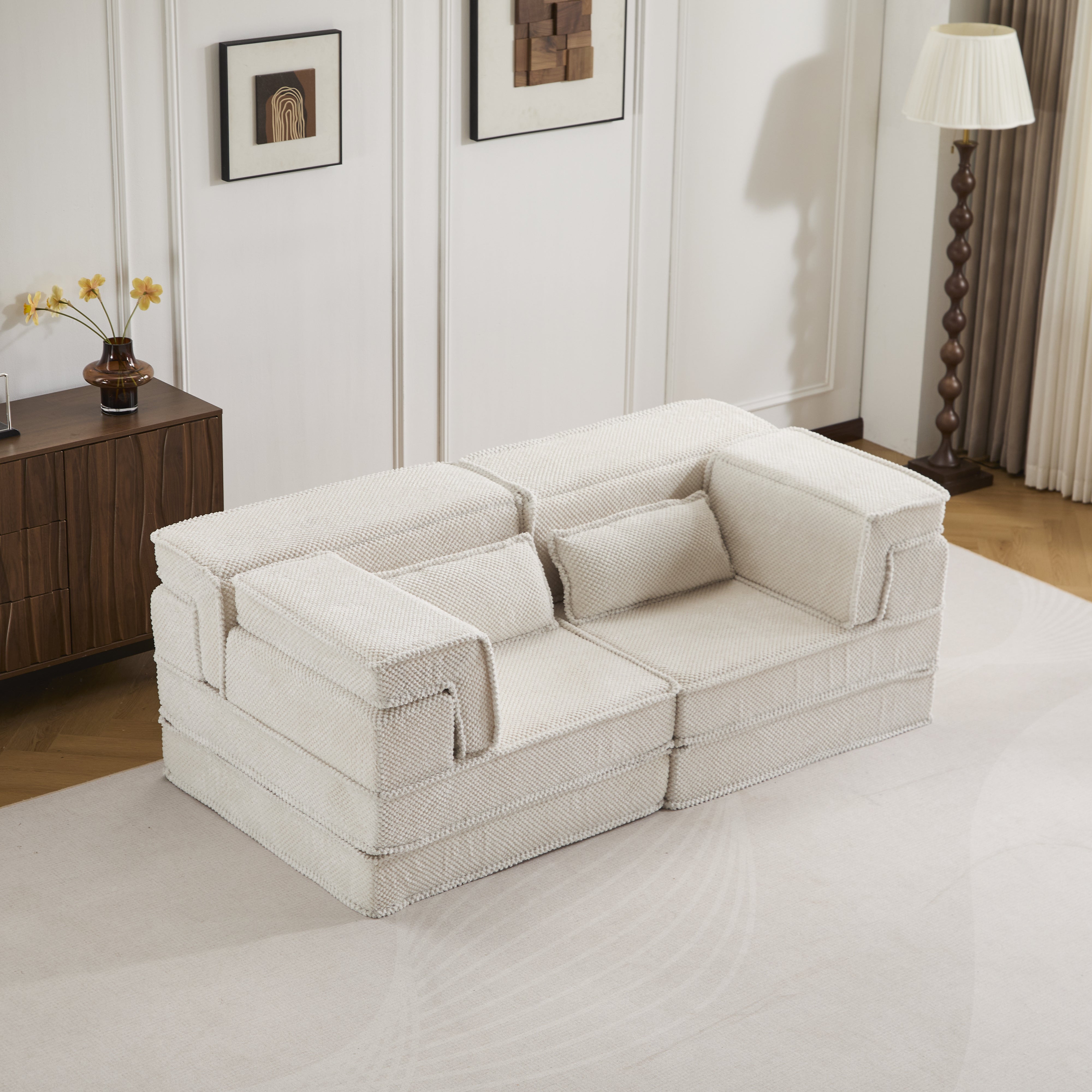 Sofá Mahjong de compresión, sofá cama convertible, sofá seccional modular sin armazón DIY, no requiere montaje, tela de vellón circular, sofá de dos plazas moderno de gran tamaño, blanco