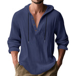 Men's hooded cotton-linen pullover shirt in navy blue with drawstring hood
