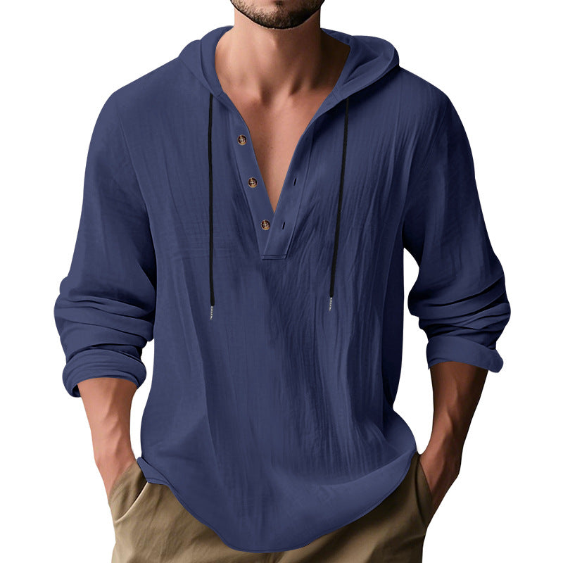 Men's hooded cotton-linen pullover shirt in navy blue with drawstring hood