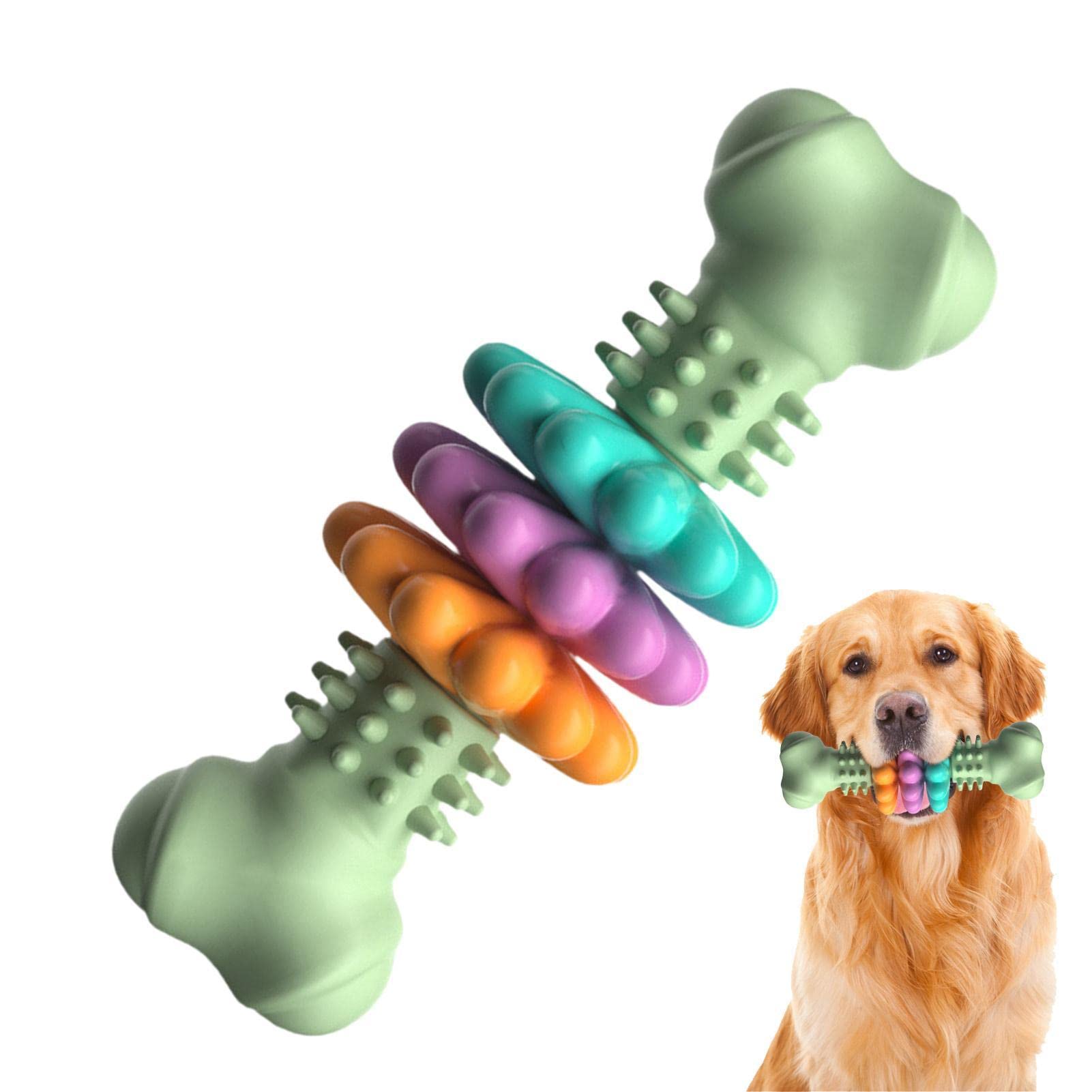 Dog bone chew toy with rubbery TPR body and raised nubs, green and purple accents