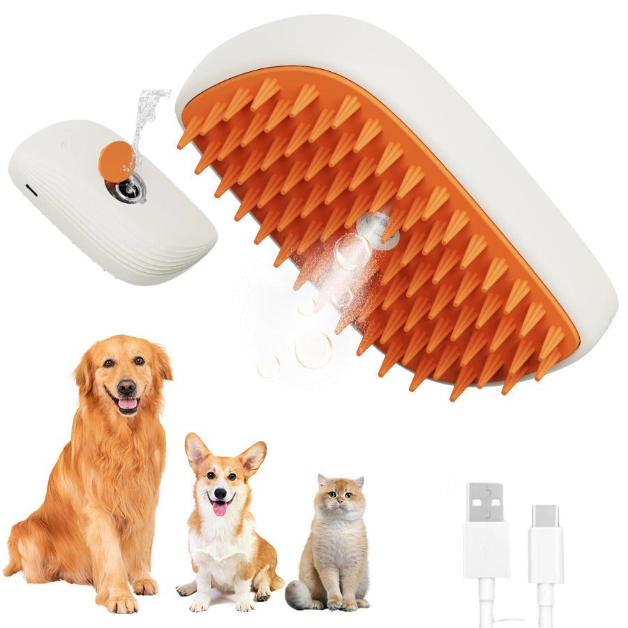 Pet steam spray grooming comb with orange bristles, white handle, and spray nozzle bottle
