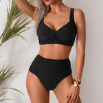 Two-piece high-waist bikini set in black with twist-detail triangle top and ruched high bottoms