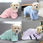 Pet microfiber absorbent towel bathrobe, four colors shown on small dogs (pink, blue, green, purple)