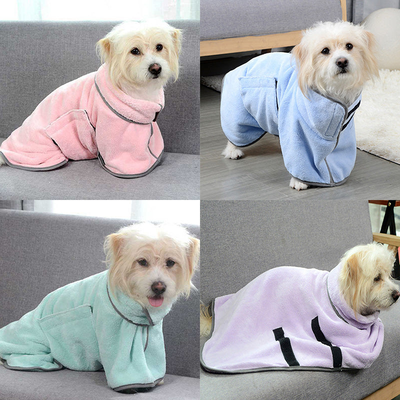 Pet microfiber absorbent towel bathrobe, four colors shown on small dogs (pink, blue, green, purple)