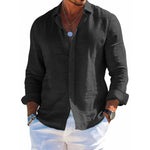 Men's long-sleeve button-up shirt, black, lapel collar, solid button front
