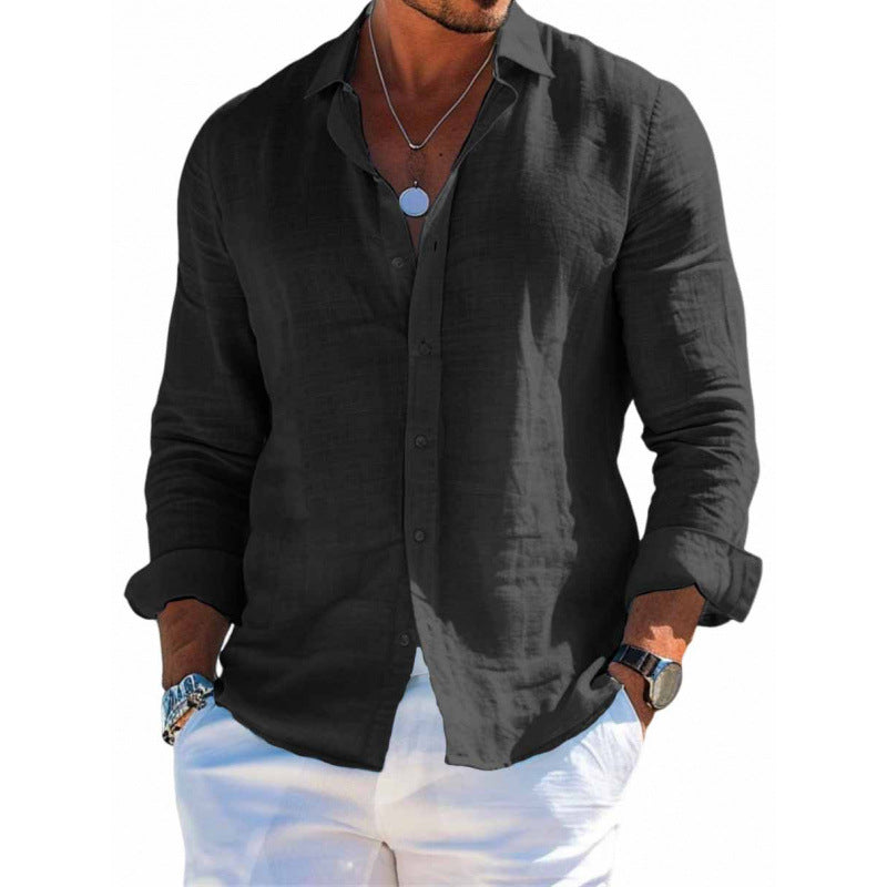 Men's long-sleeve button-up shirt, black, lapel collar, solid button front