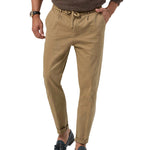 Men's drawstring straight pants in khaki, high waist and ankle cuffs