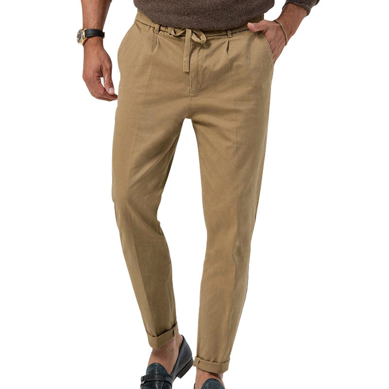 Men's drawstring straight pants in khaki, high waist and ankle cuffs