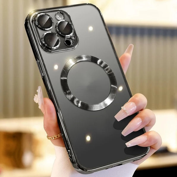 MagSafe phone case with magnetic lens cover ring, dark gray black back with chrome camera frame