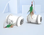 Interactive cat toy robot with white wheels and feather wand
