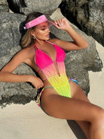 Ruched one-piece bikini swimsuit with pink halter top, yellow-green gradient, side ties