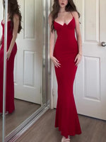 Red V-Neck Tight Maxi Dress – Slim Fit, High Elasticity