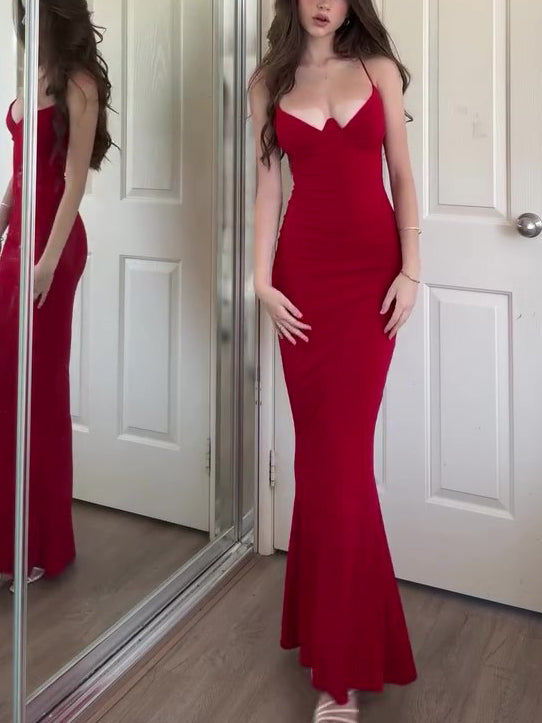 Red V-Neck Tight Maxi Dress – Slim Fit, High Elasticity