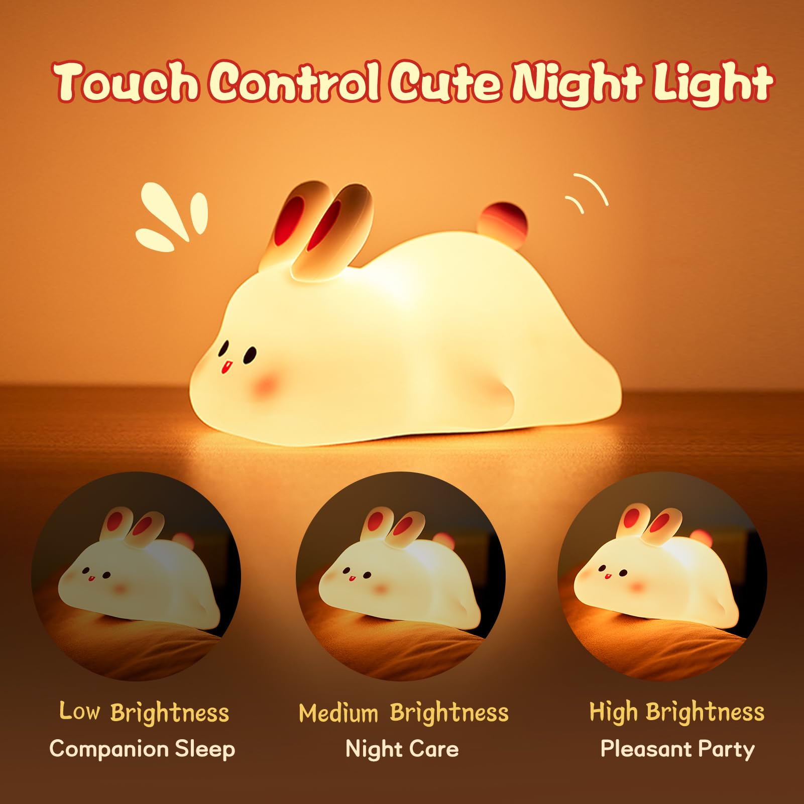 Linda luz de noche LED con sensor táctil, lámpara de noche de silicona con diseño de conejo de cara grande, regalo de Navidad, lámpara de mesita de noche, decoración del hogar