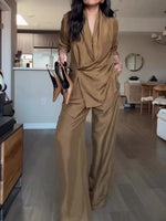 Camel satin wrap-style blouse and wide-leg pants set, V-neck with layered wrap panel