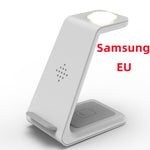 White 3-in-1 wireless charging stand with glowing LED top, phone holder cradle