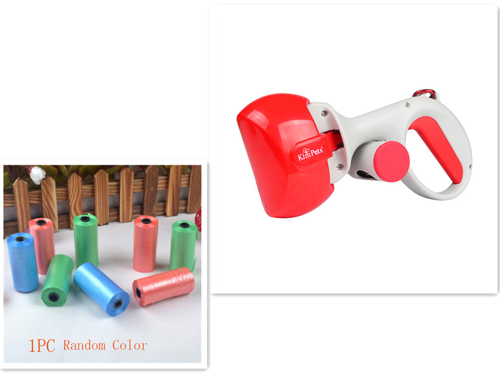 Automatic foldable pet pooper scooper with red hopper and white grip