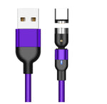 Magnetic charging cable with purple braided cord and USB connector with magnetic head