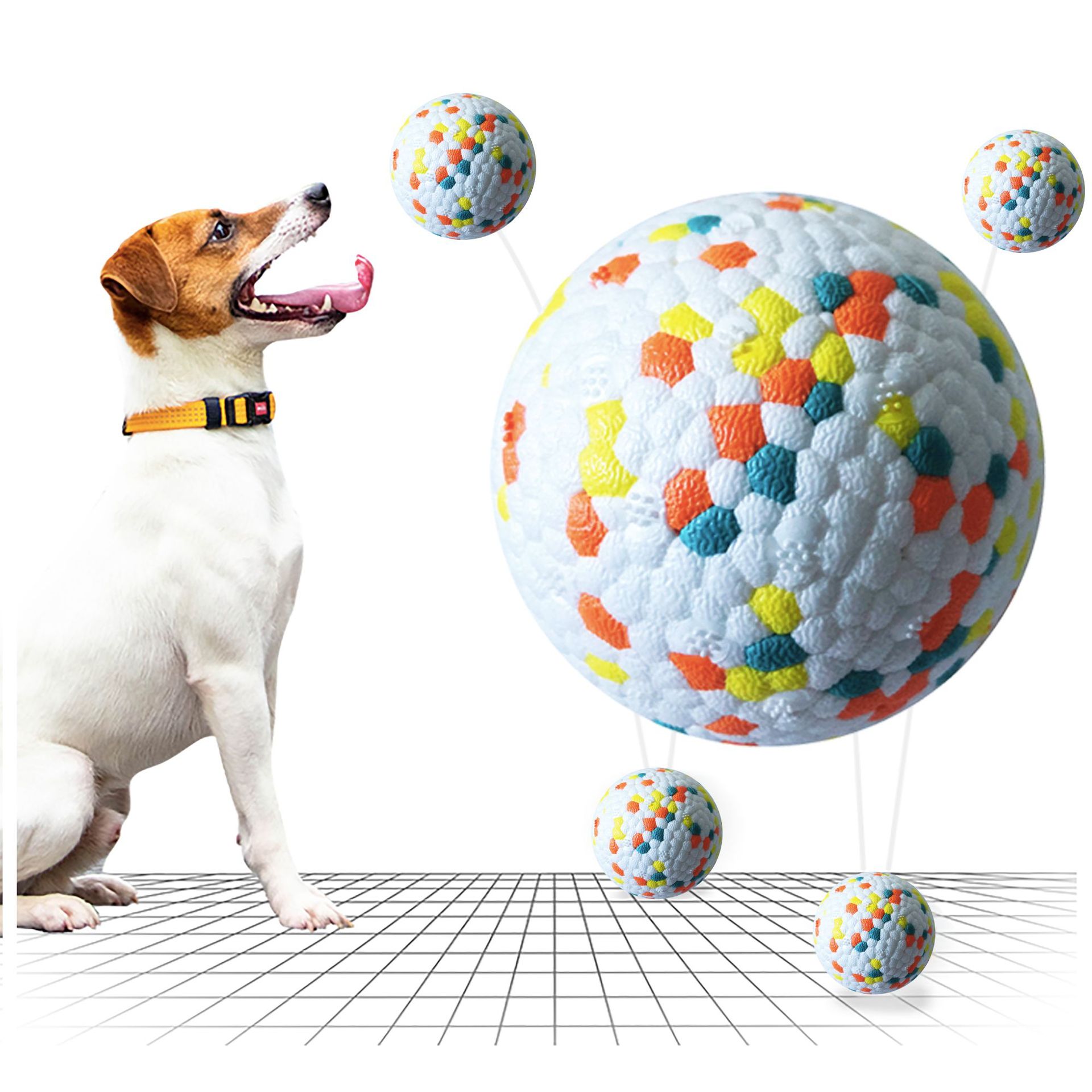 Textured dog chew ball with multicolor pattern on a white base