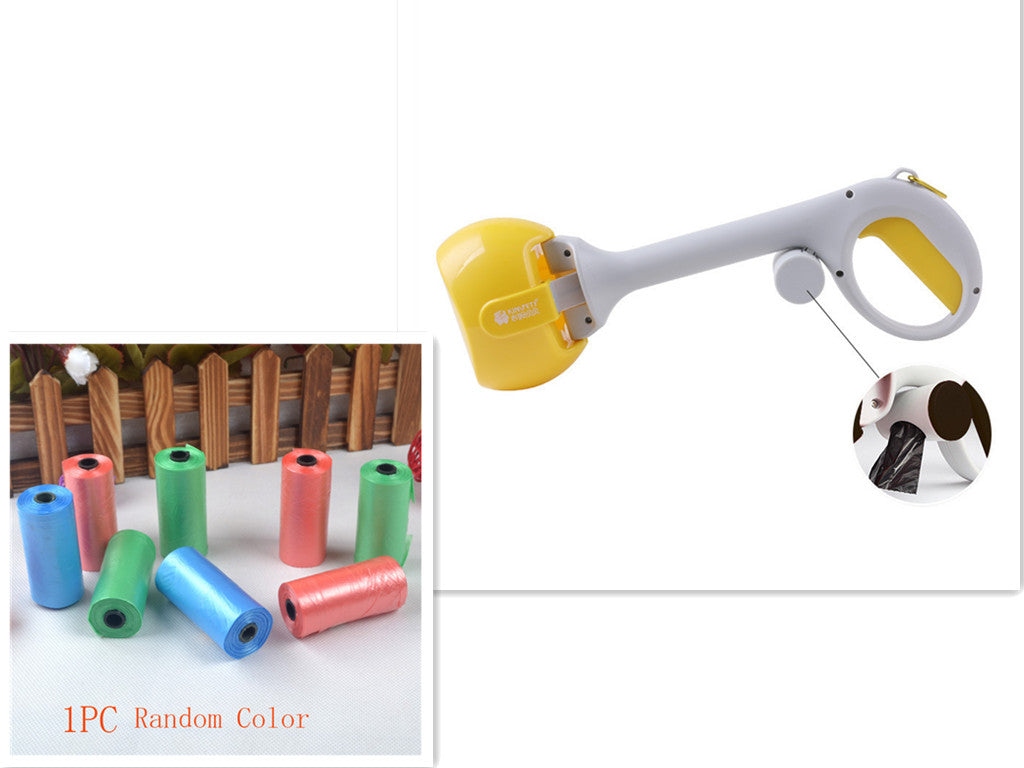 Automatic foldable pet pooper scooper with yellow waste bag hopper and white handle