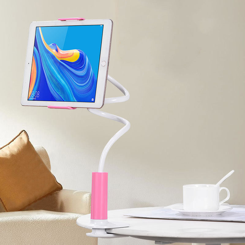 Pink and white flexible phone and tablet stand with spiral arm and tablet holder