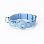 Light blue leather pet collar tracker with protective pouch and metal buckle
