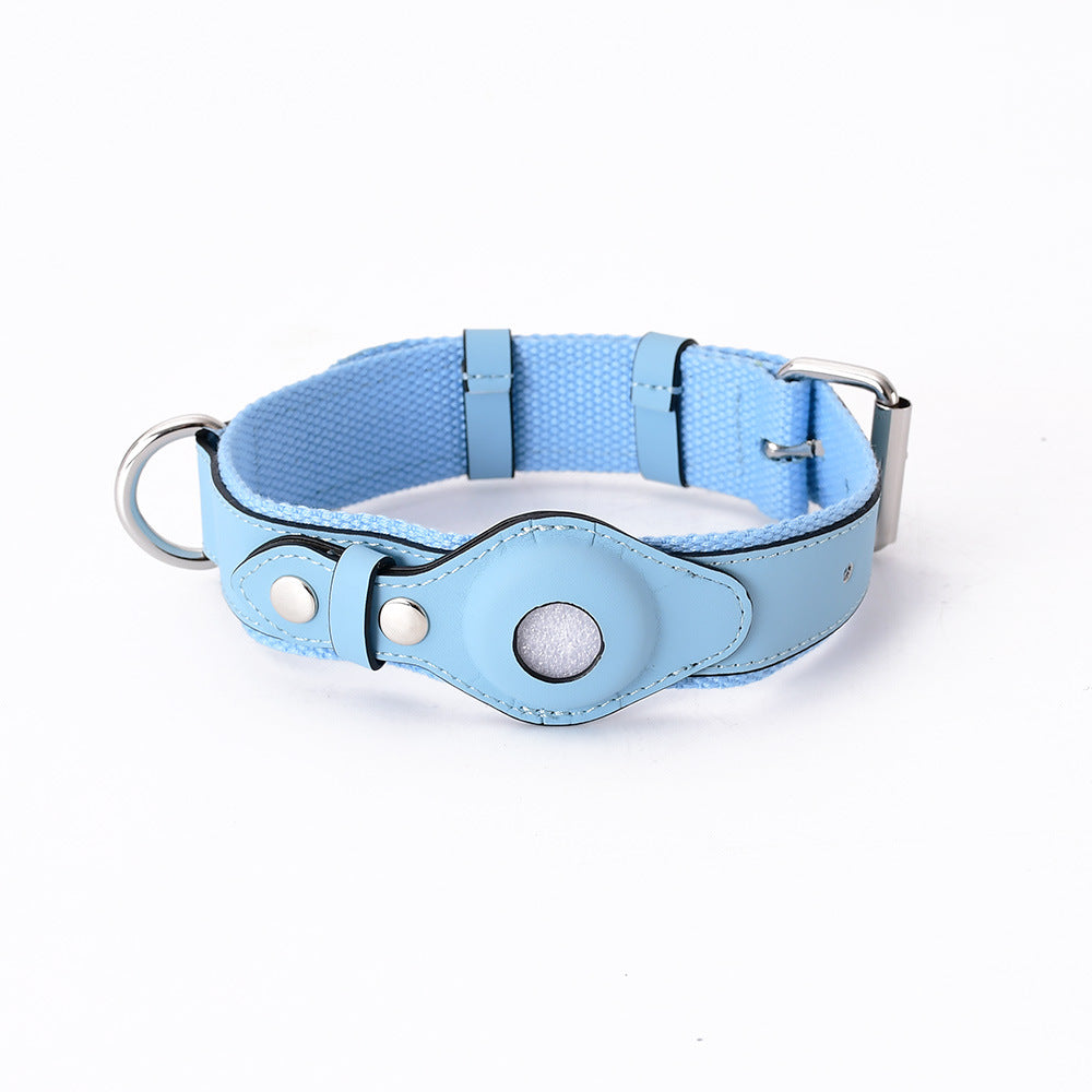 Light blue leather pet collar tracker with protective pouch and metal buckle