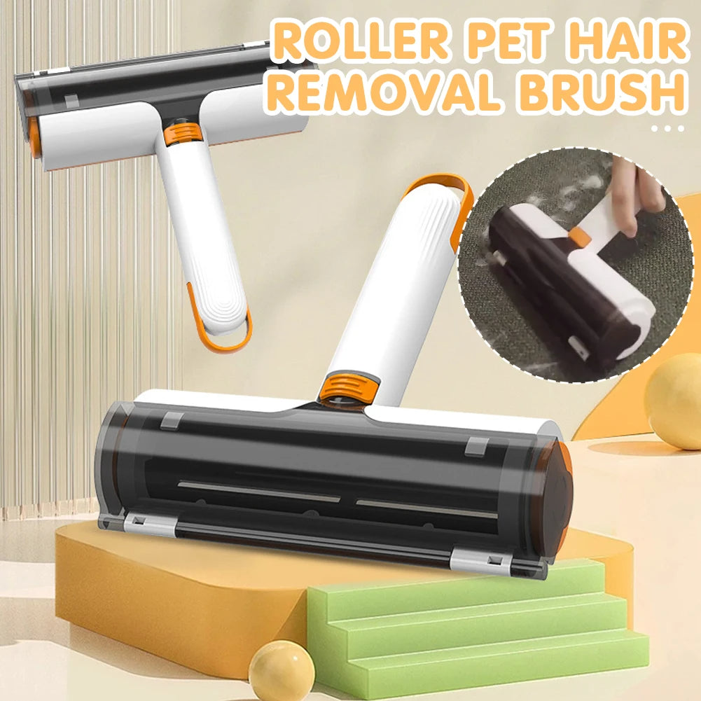Pet hair removal roller with white handle and orange accents, dark lint drum