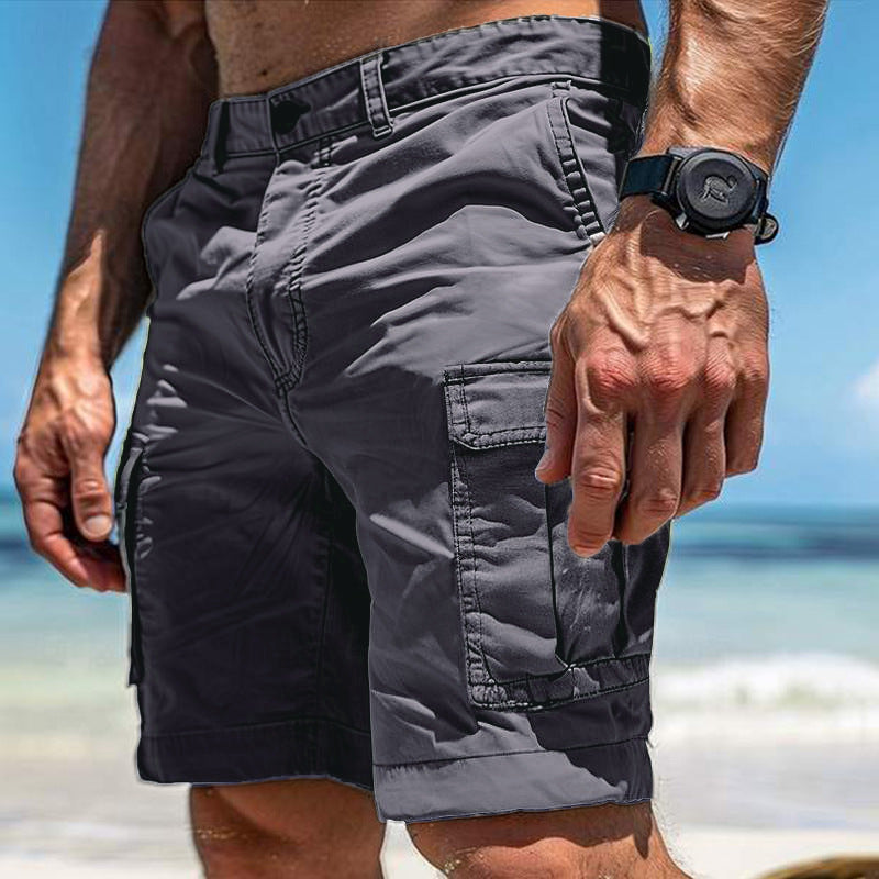 Men's cargo shorts in dark gray with button-and-zip fly and cargo pocket detail
