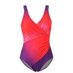 Women’s plus size red-to-purple gradient sleeveless one-piece swimsuit with V-neck