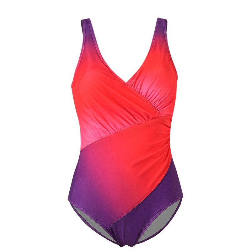 Women’s plus size red-to-purple gradient sleeveless one-piece swimsuit with V-neck