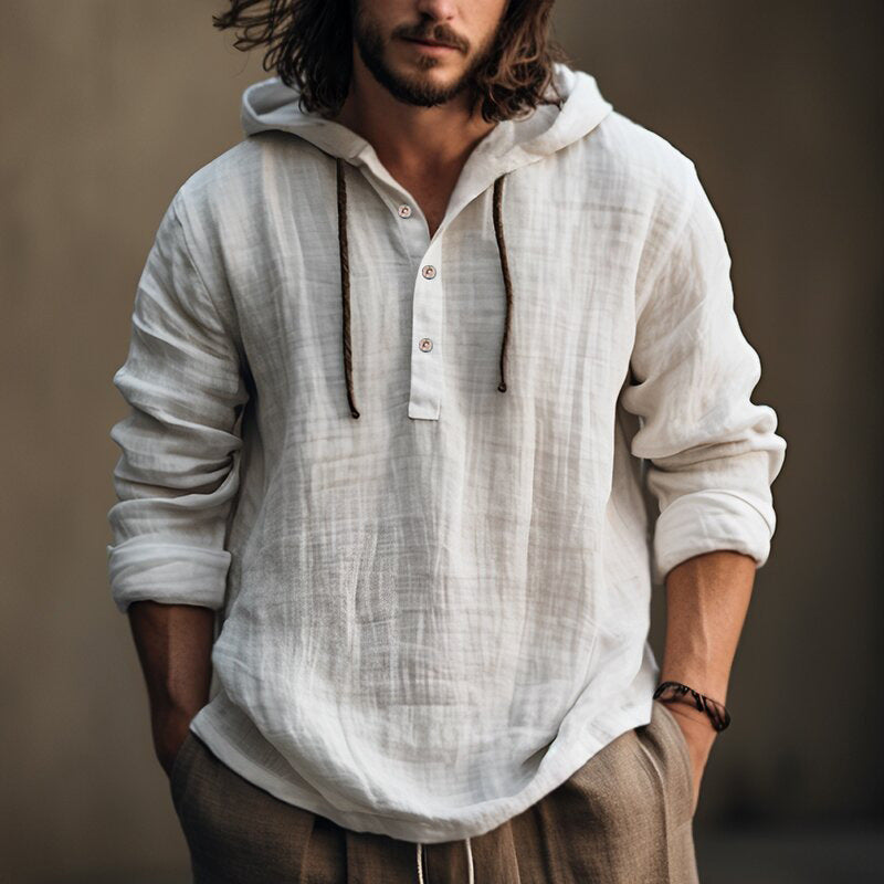 Men's hooded cotton-linen pullover shirt in white with drawstring cords and side pockets