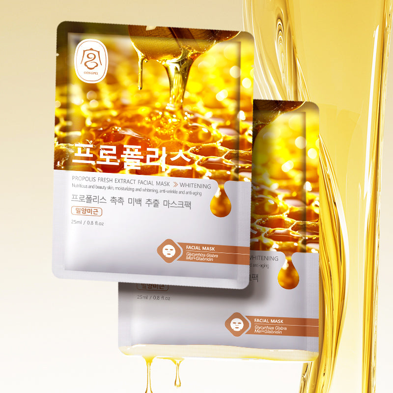 Gold propolis facial sheet mask pouch with honeycomb-style droplet design