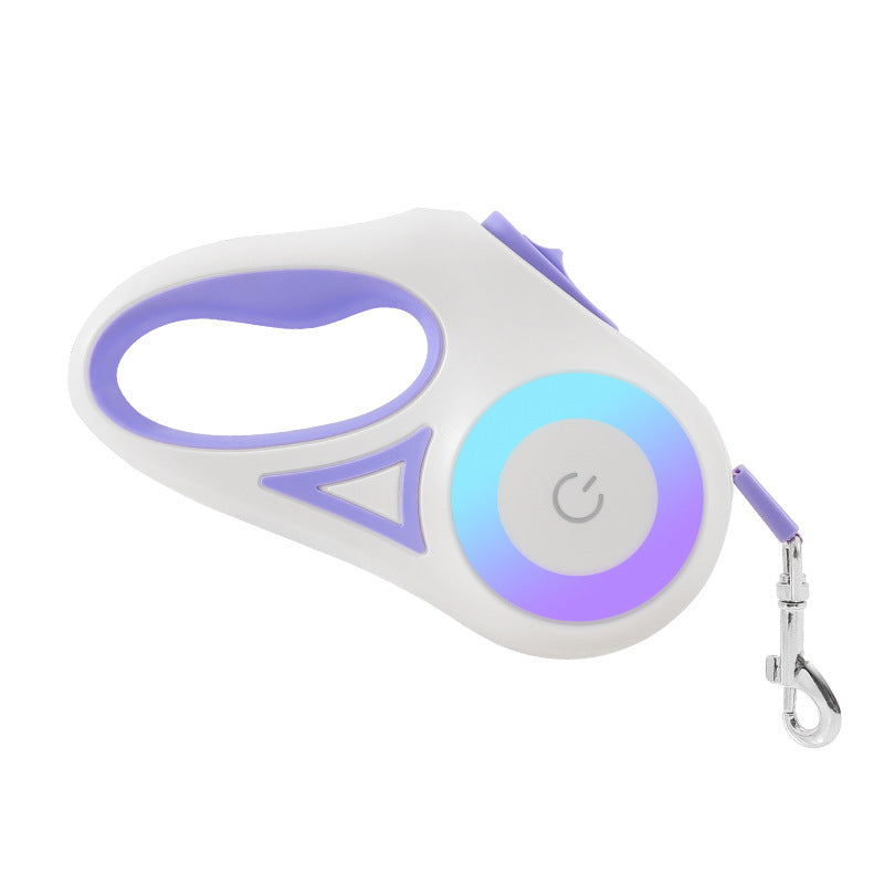 Purple retractable pet leash with LED ring and metal snap hook