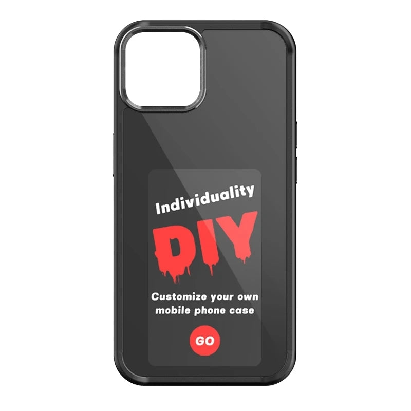 Black NFC smart display phone case with square camera opening and DIY graphic