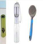 Portable dog water bottle with strap and drinking spout, plus handheld brush attachment