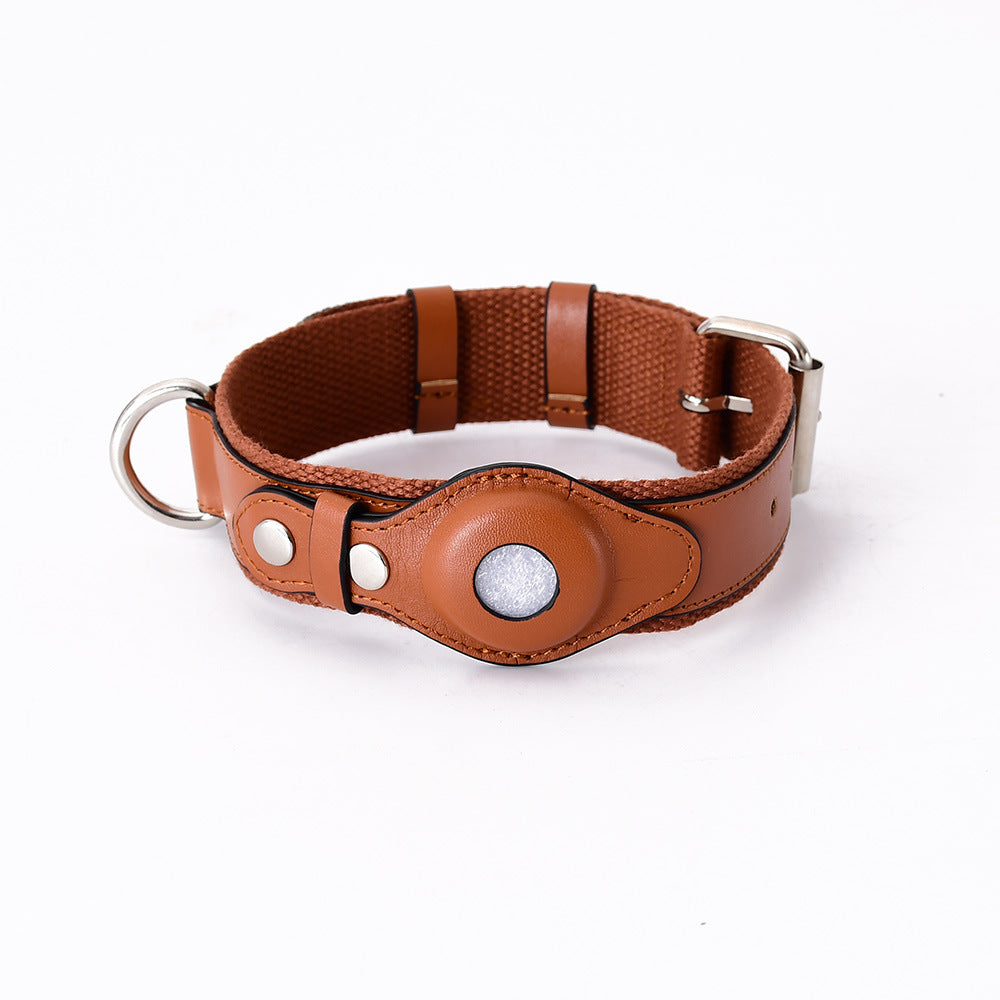 Brown leather pet collar tracker with protective pouch and metal buckle