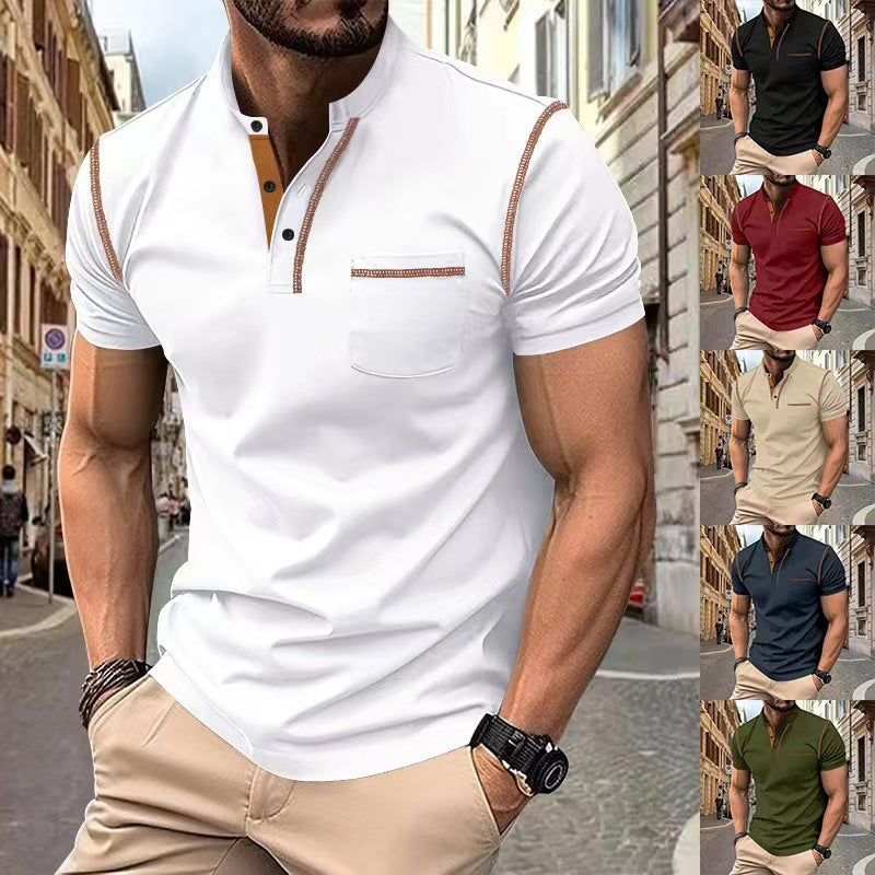 White henley polo T-shirt, short sleeves, 3-button placket, chest pocket
