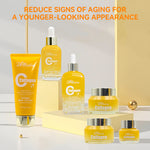 Collagen skincare set with yellow serum bottles and cream tube